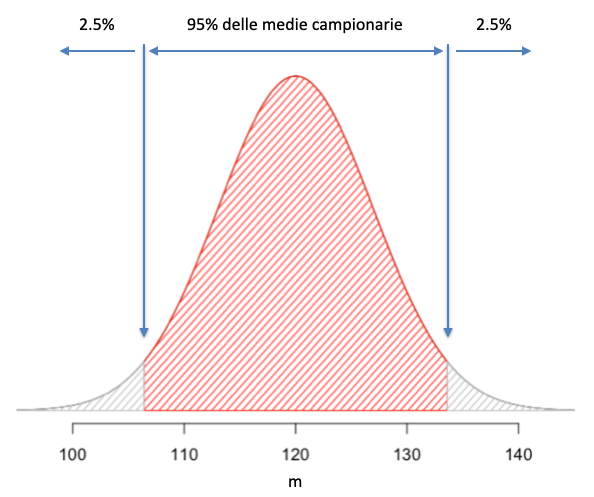Costruzione di un intervallo di confidenza (P = 0.95): se campioniamo da una popolazione gaussiana con media uguale a 120 e deviazione standard uguale a 12, il 95% delle medie campionarie ricadono nell'intervallo evidenziato